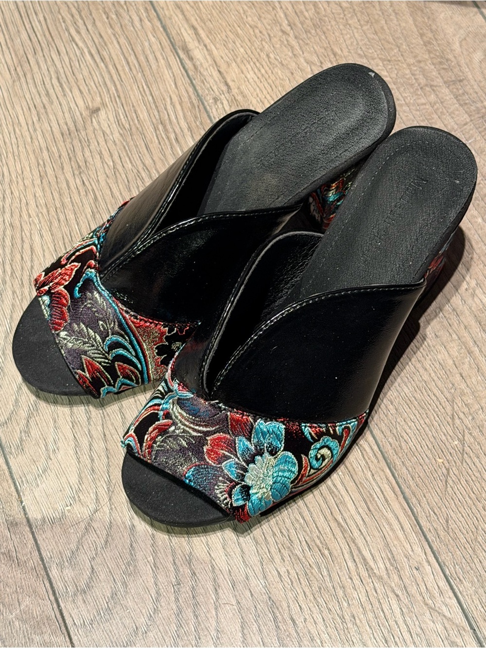 Black Embroidered Open-Toe Slide Mules with Multicolor Floral Detail